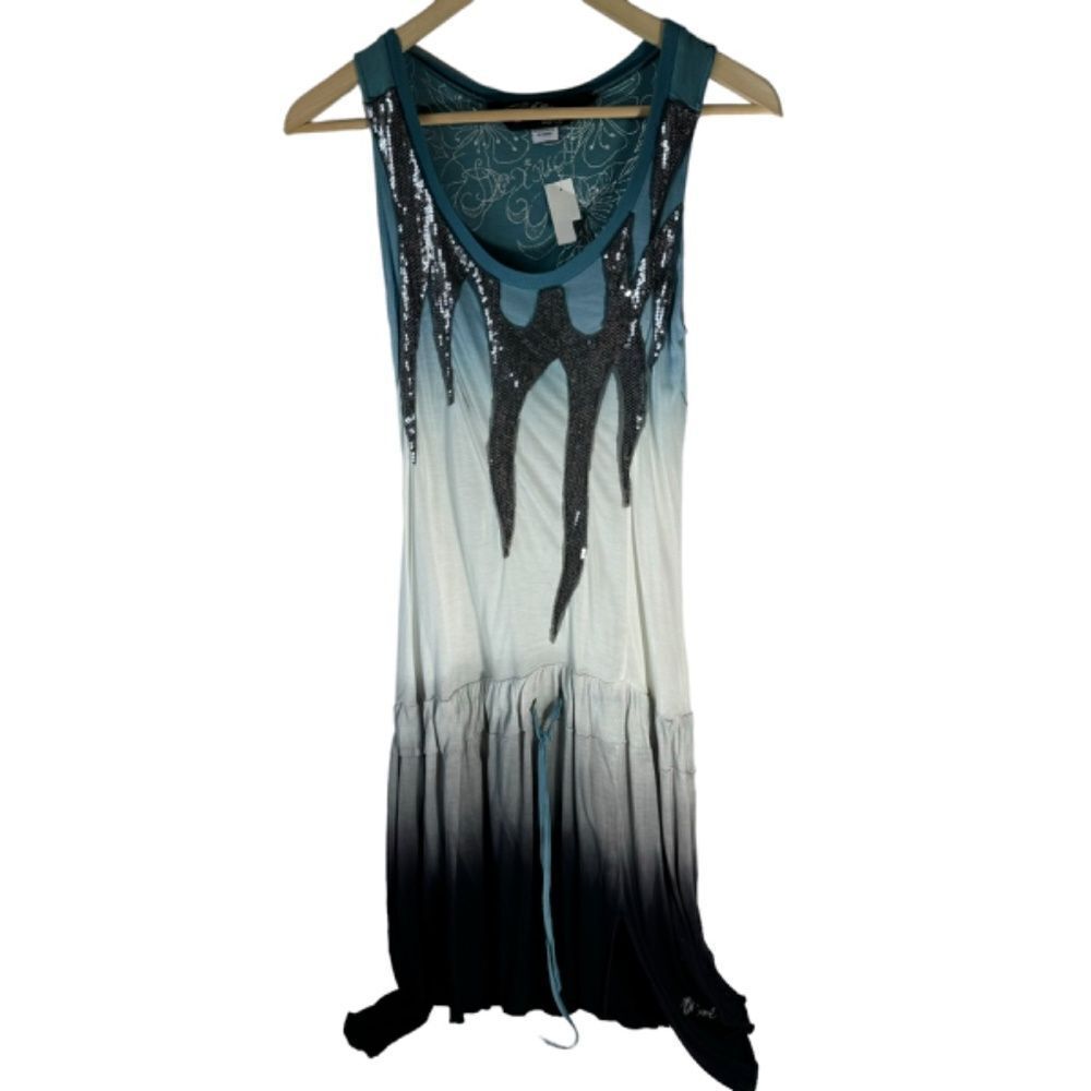 Desigual White/Blue/Black Drawstring Waist Sequin Detailed Bodice Dress Sz S